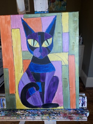 Abstract Cat, 16x20 Original Acrylic Painting On Canvas