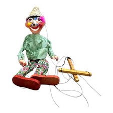 Vtg Clown Marionette Puppet Hand-Painted Face  Boho Hippy Checkered Outfit READ