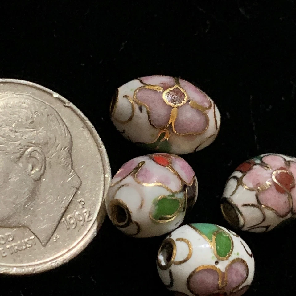 4 件复古白色粉红色花朵叶子 Cloisonne 中国珐琅椭圆形珠 9x7 毫米 — 第 2/4 张图片