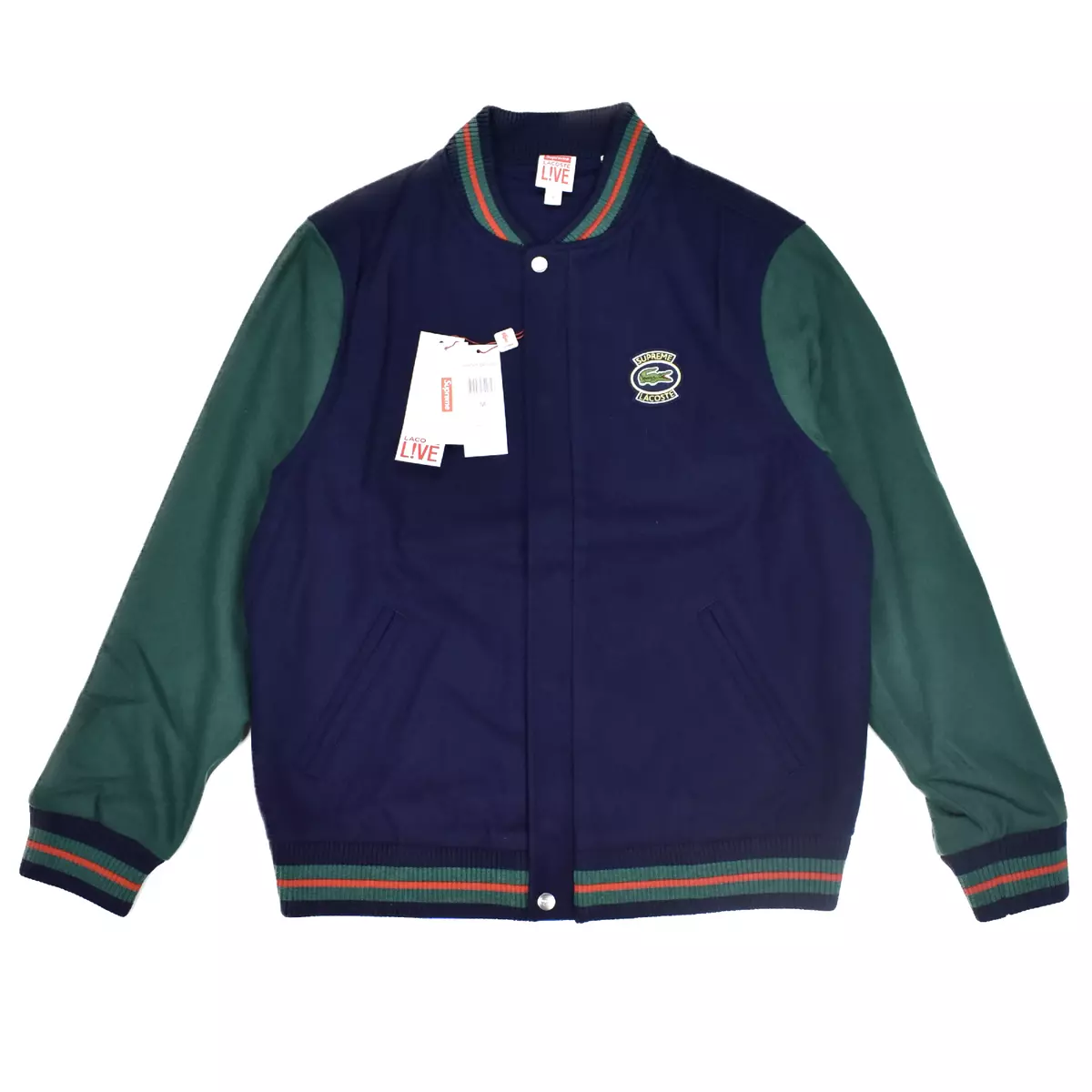 NWT Supreme Lacoste ICONIC Navy Green Wool Varsity Jacket Men's M SS18 AUTHENTIC