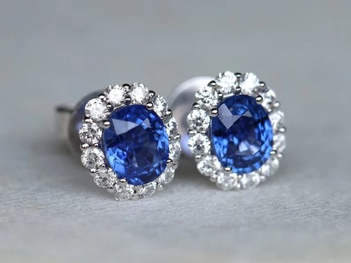 Pendiente de diamantes de zafiro azul natural de corte ovalado de 4,60 quilates de oro blanco real de 14 quilates - Imagen 3 de 8