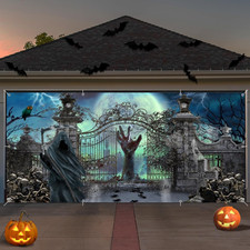 7X16Ft Halloween Garage Door Cover Decorations Cemetery Graveyard Halloween Door