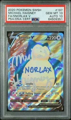 2020 SNORLAX V #197 MICHAEL HAIGNEY Auto 10 PSA 10 GEM Mint Sword And Shield