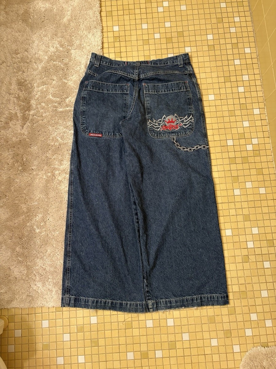 Jean Vintage JNCO Tribal Ghoul - Taille 36/30 (pouces), Coupe Large, Denim Noir, Occasion Très Bon état
