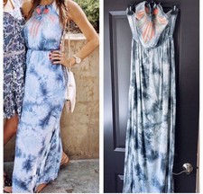 FLYING TOMATO Adorable! Gray Tie Dye, Neon Embroidered Halter Maxi Dress, XS