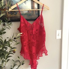 Vintage Victoria  s Secret Gold Label Teddy Bodysuit Red Satin Chiffon Lace Up