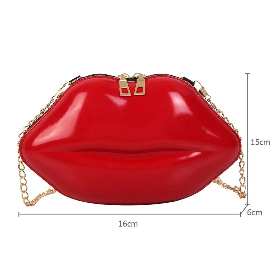 Bolso sin asas con forma de labios para mujer bandolera de charol rojo cadena dorada Foto 2 de 4