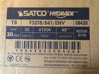 Satco F32T8 841 ENV Hi-Grade T8 Fluorescent Bulbs 32W 4100K 48in Case 30