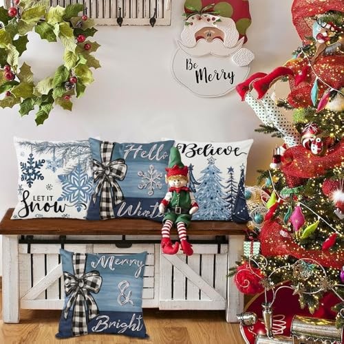 4PCS Christmas Throw Pillow Covers 18x18 Inch, Blue Snowflake Blue and White