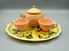 DecoPac Cake Topper Tea Set 4 Piece Floral Tray Peach Embossed Teapot & 2 Cups