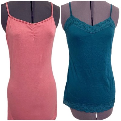 Mudd Vtg Y2K Tank Top Set Juniors M Pink Teal Lace Trim 2000s Preppy Normcore