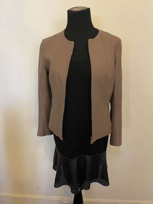 L’AGENCE Taupe Brown Leather Jacket Size Petite 2