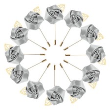 12-Pack Flower Lapel Pins for Men, Rose Boutonnieres Pin Silver Gray 