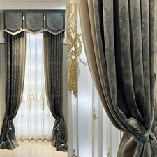 luxury European Retro Velvet embroidered grey thick curtain valance tulle M1738