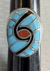 Vintage Zuni Turquoise Coral Hummingbird Inlay Sterling Silver Ring size 7.5