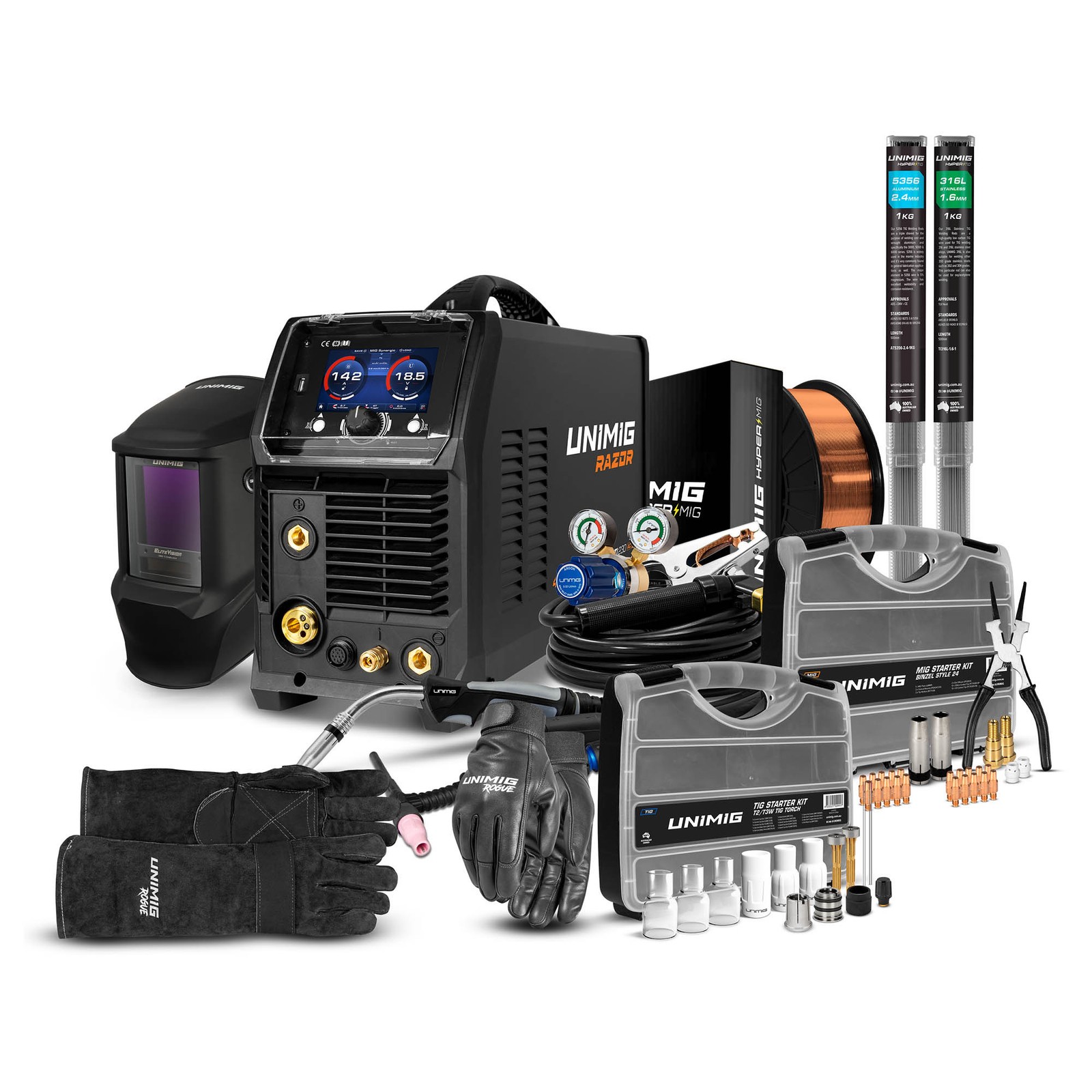 UNIMIG Razor Multi 230 ACDC Mig Tig Welder Helmet Rods Consumables AC/DC U11004K
