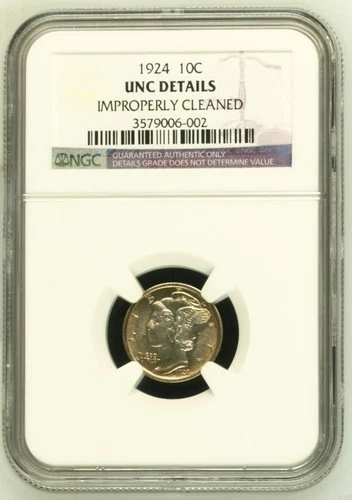 1924 Mercury Dime 10c Coin NGC Certified UNC DETAILS Improperly Cleaned NICE