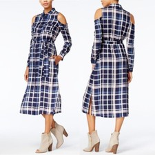 NEW Maison Jules Blue Plaid Midi Shirtdress Size M