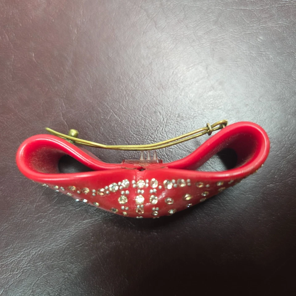 头发红色蝴蝶结发夹玻璃石金色夹子塑料红色蝴蝶结发针2.5英寸 — 第 3/4 张图片