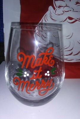 Hallmark 2021 ''MAKE IT MERRY'' Stemless Wine Glass & Red Santa Tote Bag - NEW