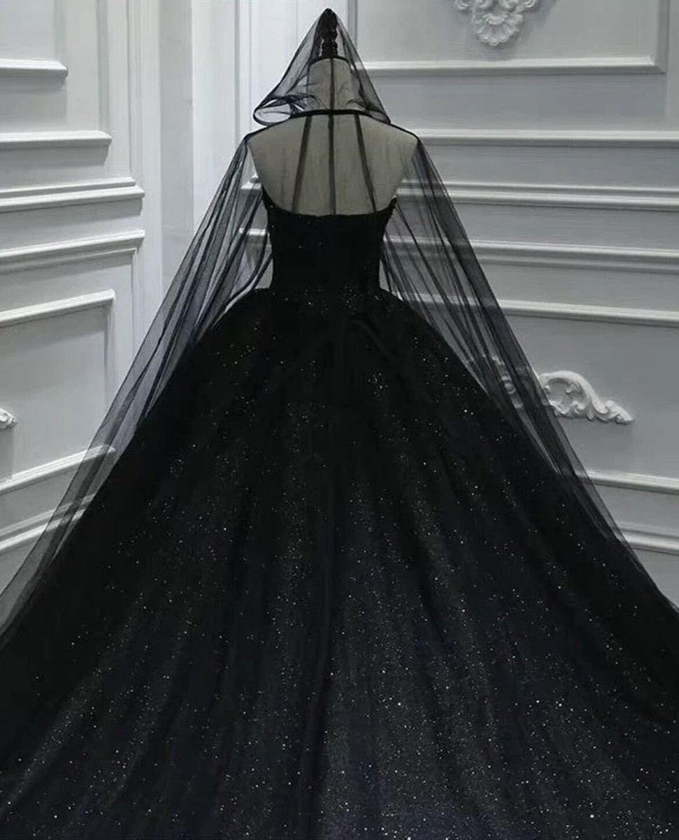 Gothic Wedding Dresses Black with Cape Glitter Tulle Sweep
