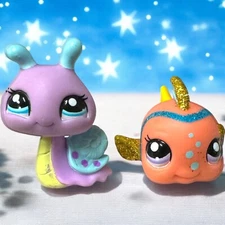 Hasbro Littlest Pet Shop Fish #2352 & Snail Sparkle #2353 Purple Orange