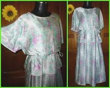 Vtg 70s Carrie Couture Pastel Floral Silk Peplum Secretary Cocktail Midi Dress !