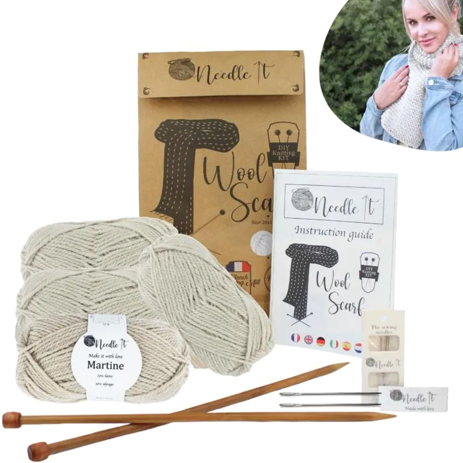 Kit tricot écharpe alpaga beige pour s'initier au DIY au coin du feu cet hiver