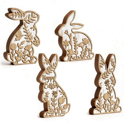 4 Pcs Easter Bunny Table Wooden Signs Bunny Shaped Rustic Decor Wood Easter D...