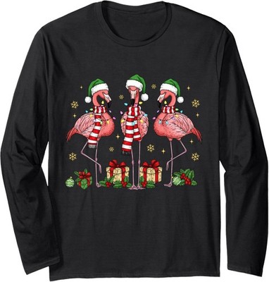 Tropical Christmas Flamingo Snow Xmas Holiday Long Sleeve T-Shirt