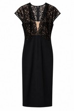 Impress! Black Floral Lace Sheath Midi Dress Lined Sheer Cap Sleeve Size L