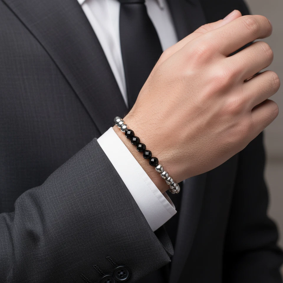 Bracciale Elegante Nero con perle Acciaio inox argento braccialetto Uomo e Donna - Immagine 2 di 4