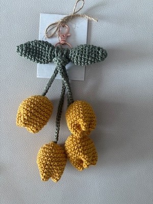 Crochet 4 Tulip Rearview Mirror Pendant Purse Bag Decoration Flower Wine Yelow