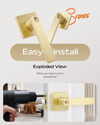 2 Pack Heavy Duty Satin Brass Door Levers - Keyed Alike for Offices & Homes - Bild 8 von 10