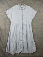 Cynthia Rowley Dress Women Large Blue Linen Button Front Tiered Midi Lagoon Look