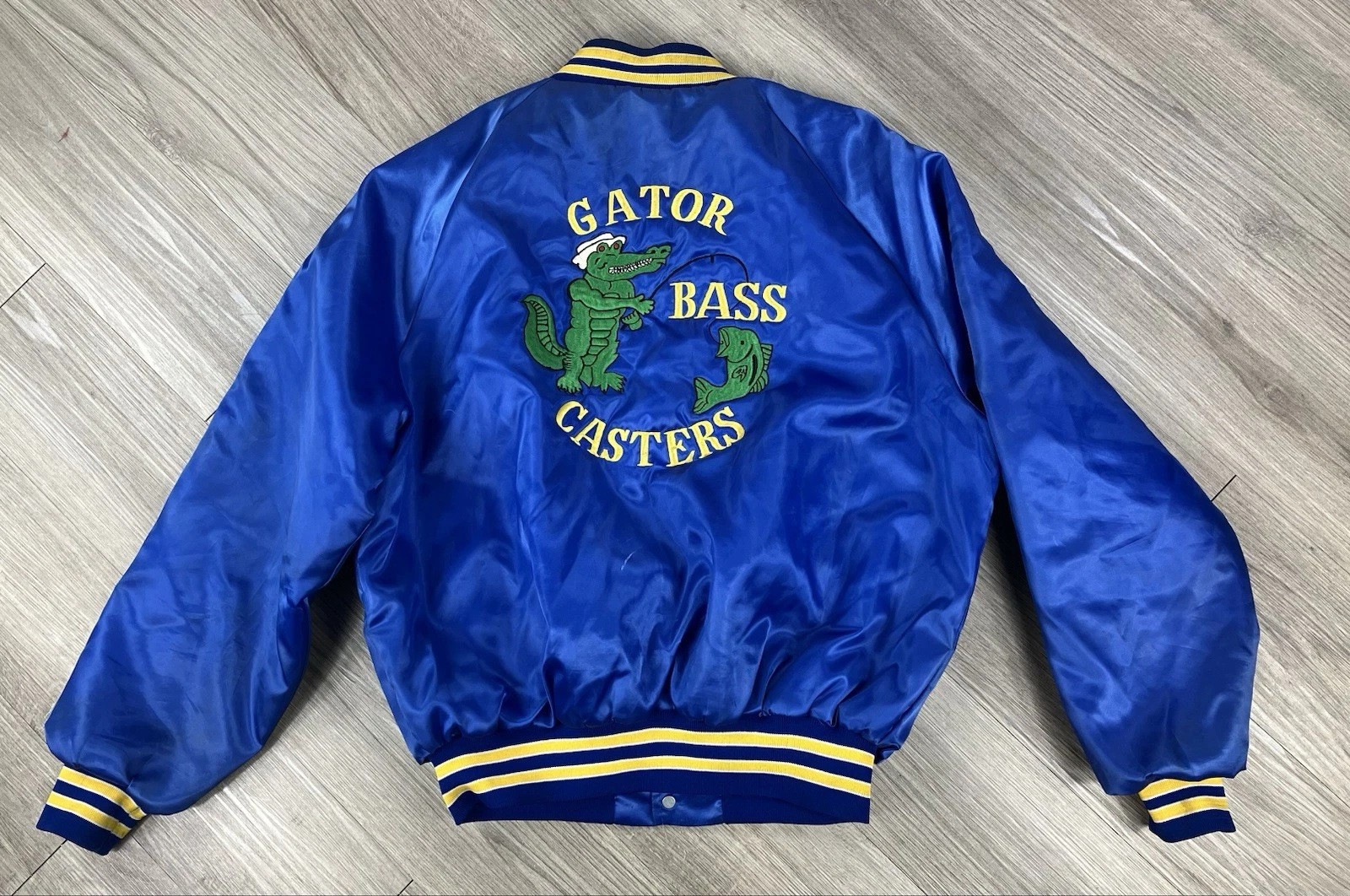 Vintage 80's Fishing Bomber Jacket Blue Satin Made in U.S.A. Size Large 44/46