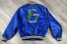 Vintage 80's Fishing Bomber Jacket Blue Satin Made in U.S.A. Size Large 44/46