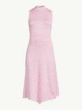 Pink Plaid A-Line Sleeveless High Neck Midi Dress for Women