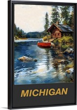 Poster da viaggio in tela arte barca Michigan Log Cabin Lake Mtns incorniciato