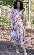 Indigo Soul Rust/Pink Floral Long Sleeve Lined Maxi Dress Sz M Cottagecore