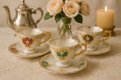 Royal Sealy Japan 1950 3 Sets Lustreware Heraldic Motifs Demitasse Cups Saucers