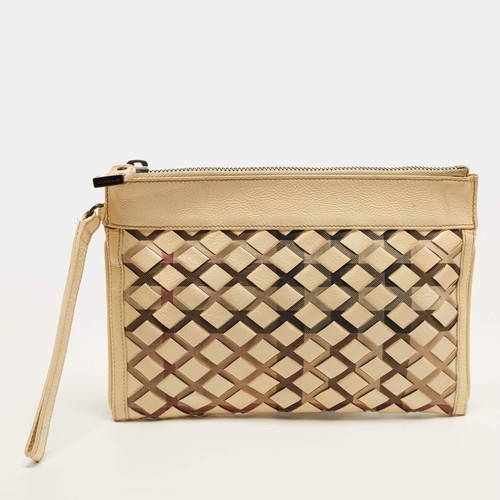 Burberry Cream Woven Patent Leather and Check Fabric Wristlet Pouch