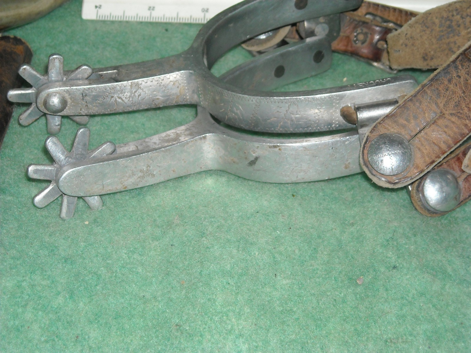 vintage aluminum Crockett spurs heel band button swing arm engraved