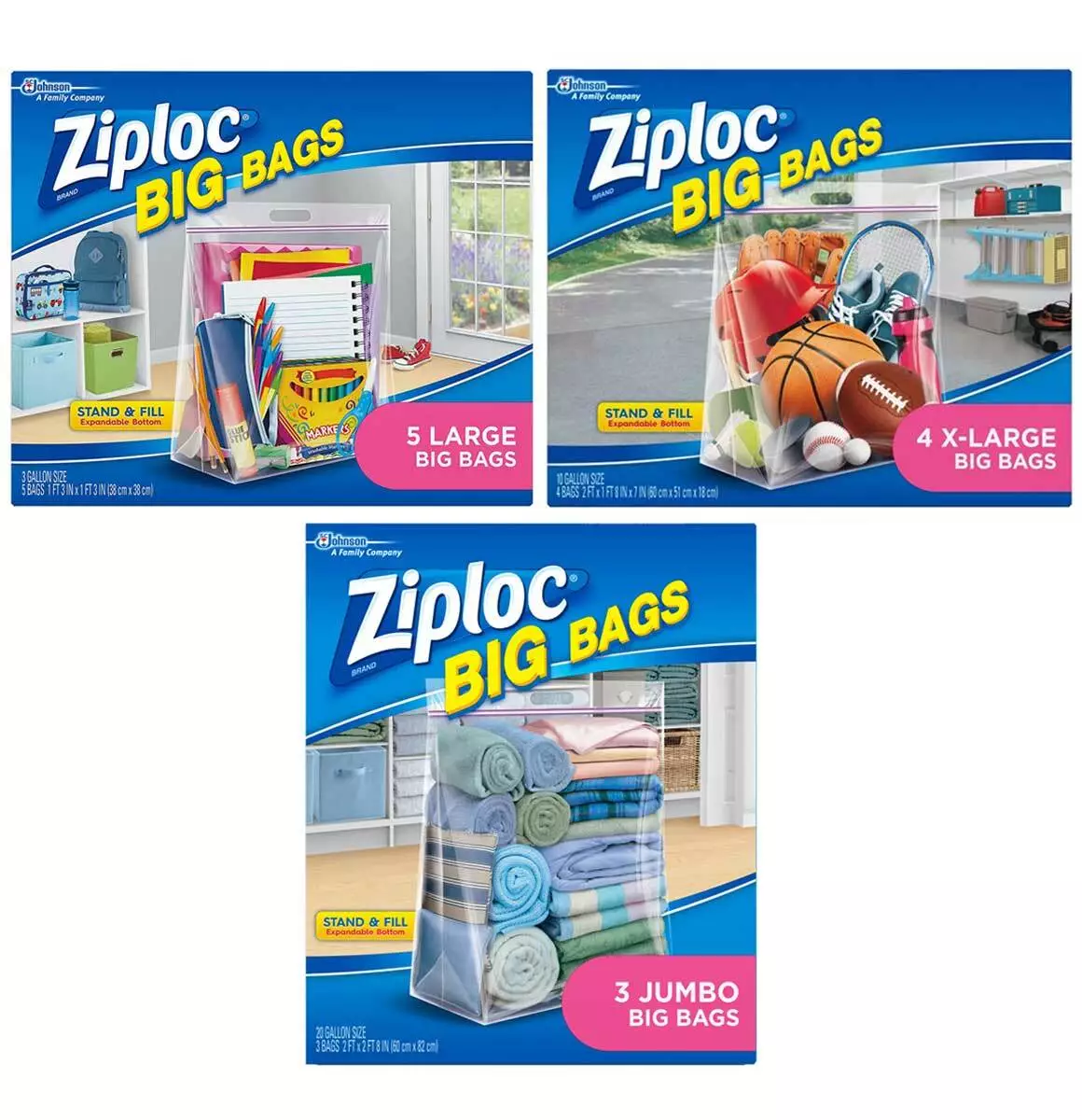 Ziploc Storage Bags Big Bag Variety Pack 3 Sizes - Large, XLG and