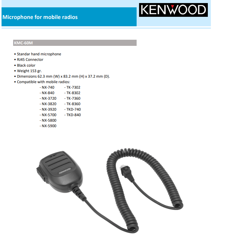 Kenwood KMC-60M Standard Microphone for Mobile Radios NX-740 TK