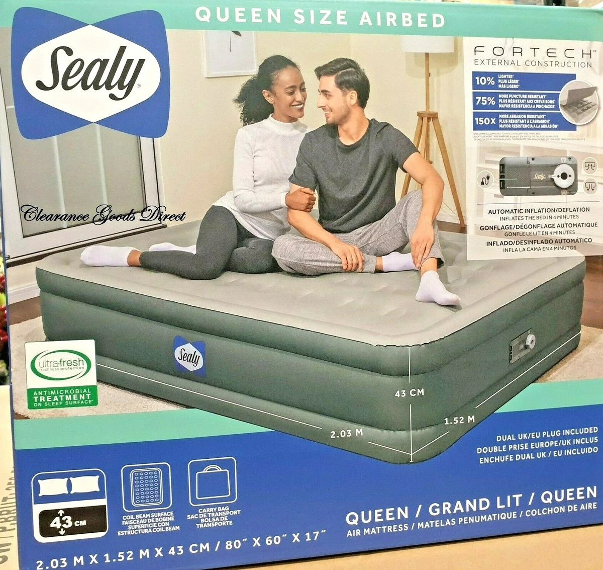 Sealy Fortech Queen Size Airbed with Built in Pump And Carry Bag New