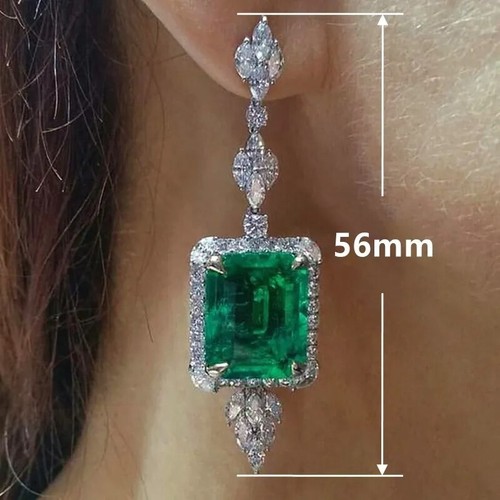 Preciosos Pendientes Art Deco Esmeralda y Diamante Creado en Laboratorio Boda Plata 925 Regalo - Imagen 2 de 6