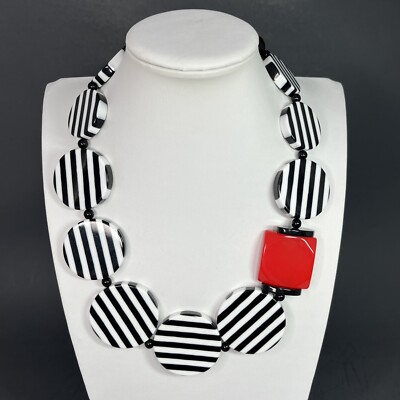 Acrylic Lucite Stripe Necklace Black White Red Chunky Post Modern Statement