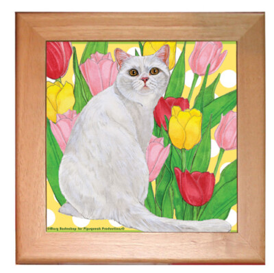 White Cat Kitchen Ceramic Trivet Framed in Pine 8'' x 8''