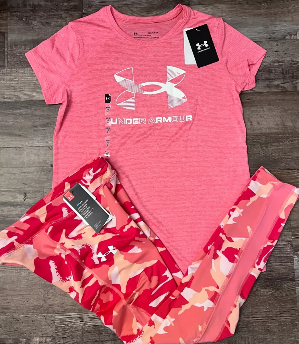 NWT Under Armour YXL Girls Cold Gear Pink/Dk Pink/White Print Leggings Set